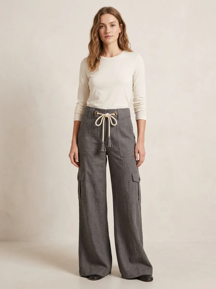 Women's Cargo Linen Inspired Wide Leg Cargo Work Pants