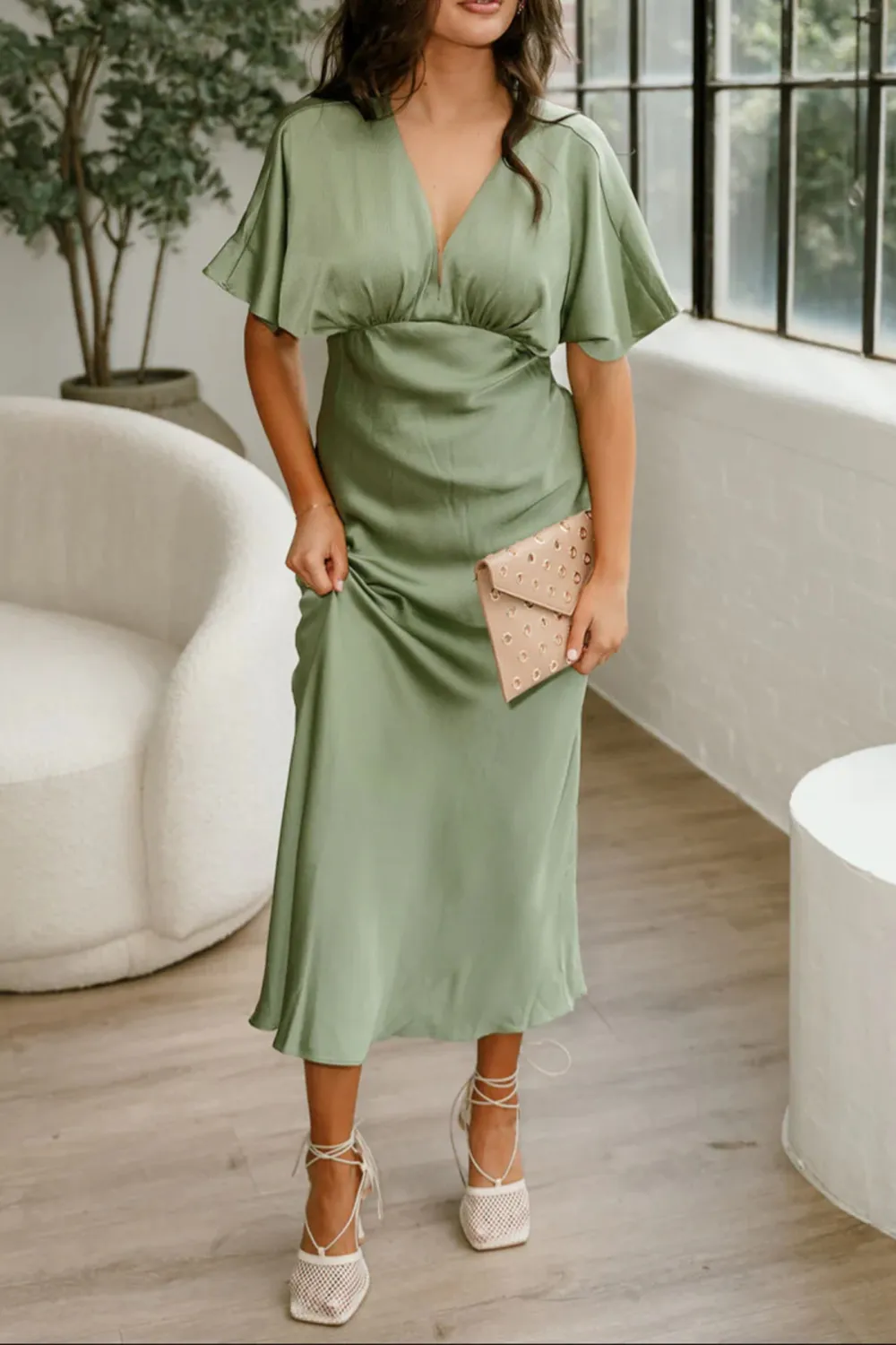V-Neck Short Sleeve Satin Dress