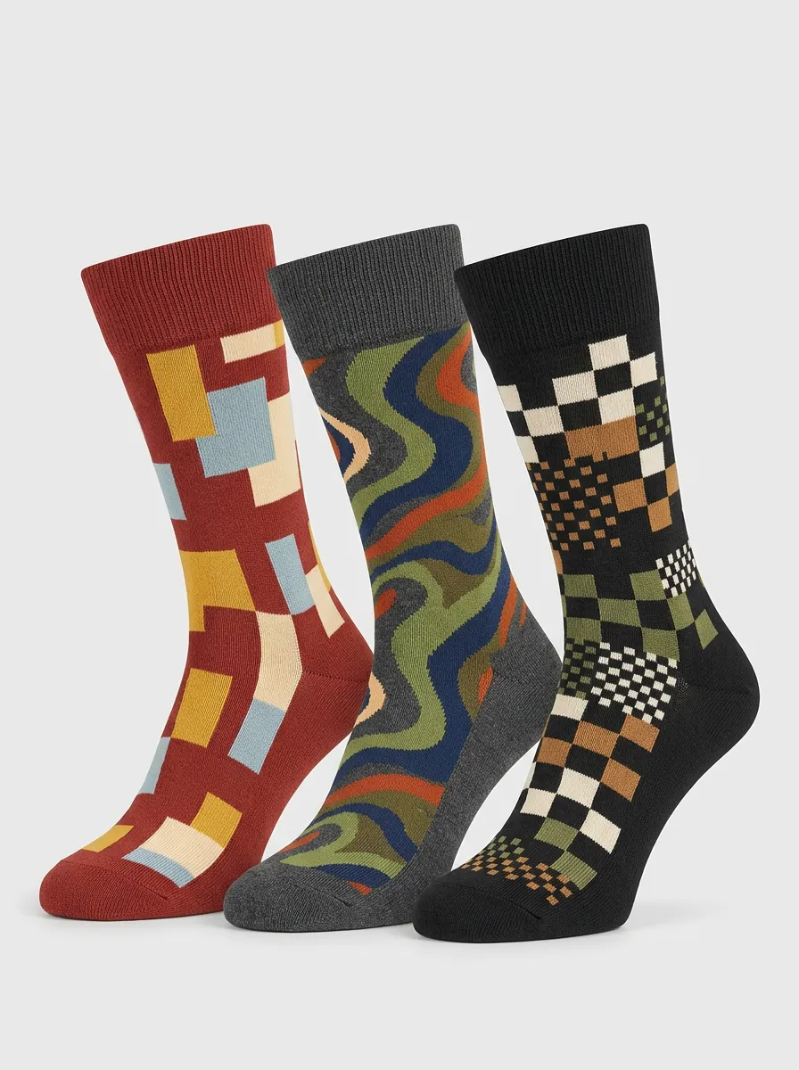 Men's Geometric Abstract Pattern Print First Pair Displays Geometric Multi-Colored 3-Pack Socks