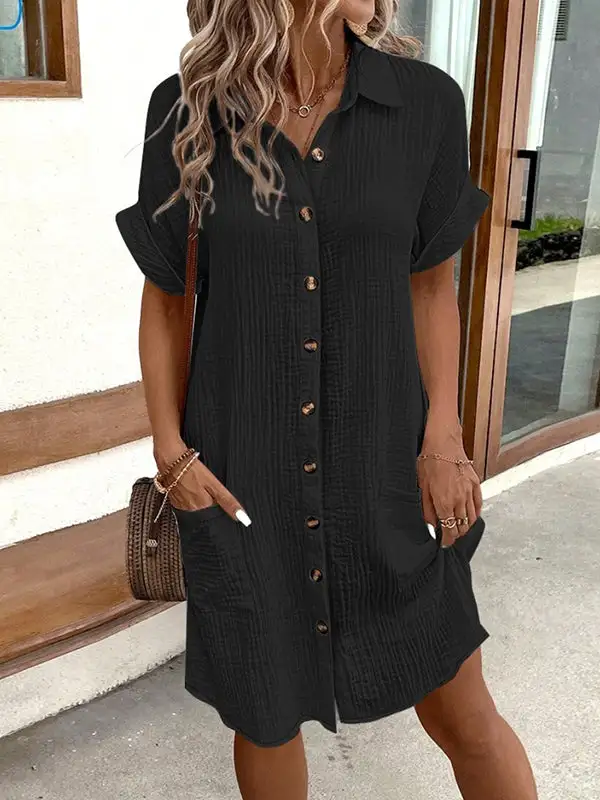 Relaxed Short Sleeve Buttoned Pocket Lapel Mini Dress