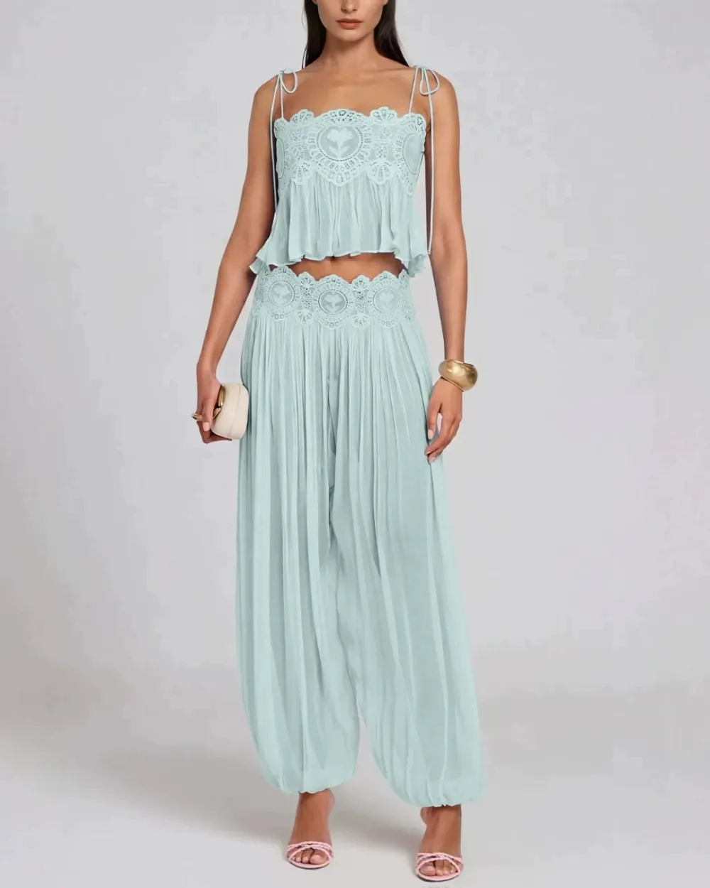 Slim Fit Ruffle Trim Open-Back Chiffon Set