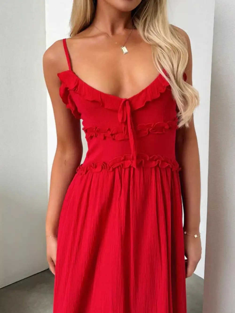 Ruffled Trimmed Spaghetti Strap Midi Dress