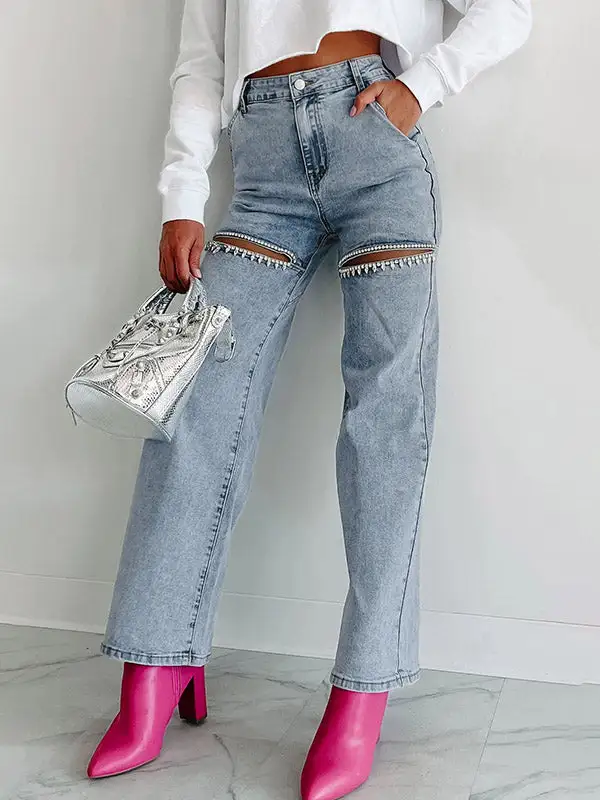 Distressed High Waist Straight Leg Seamed Rhinestone Jeans