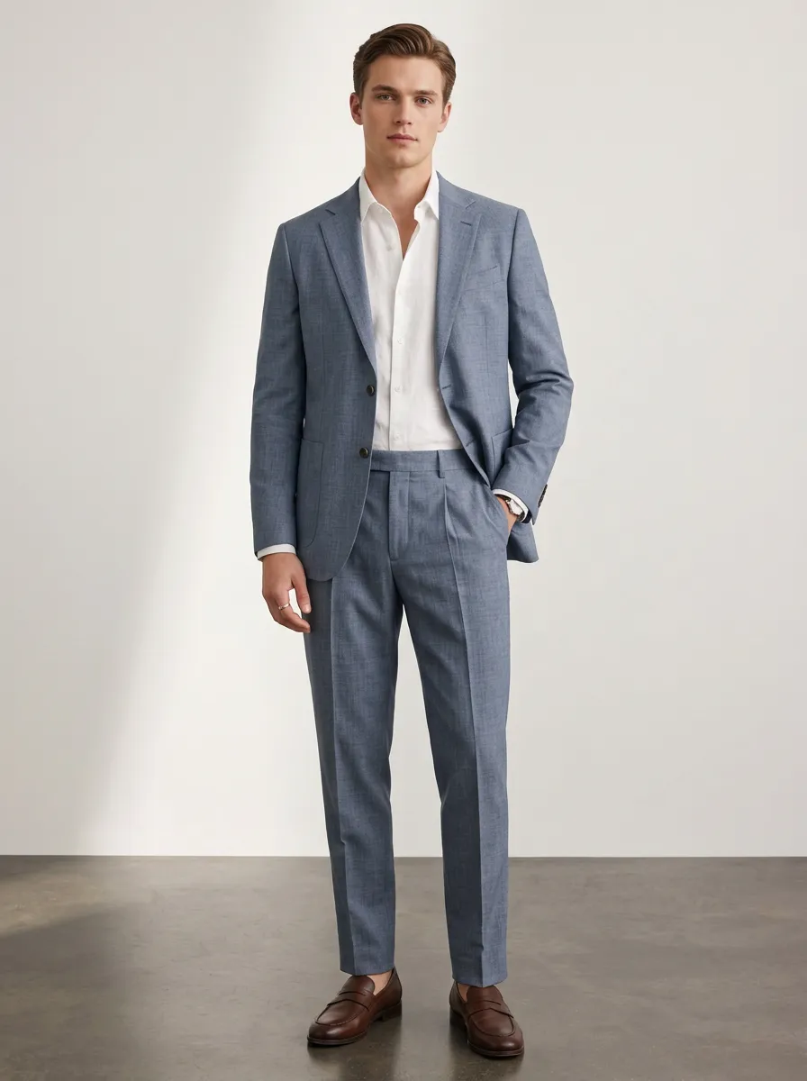 Men's Business Casual Blue Linen Blend Tailored Suit Set