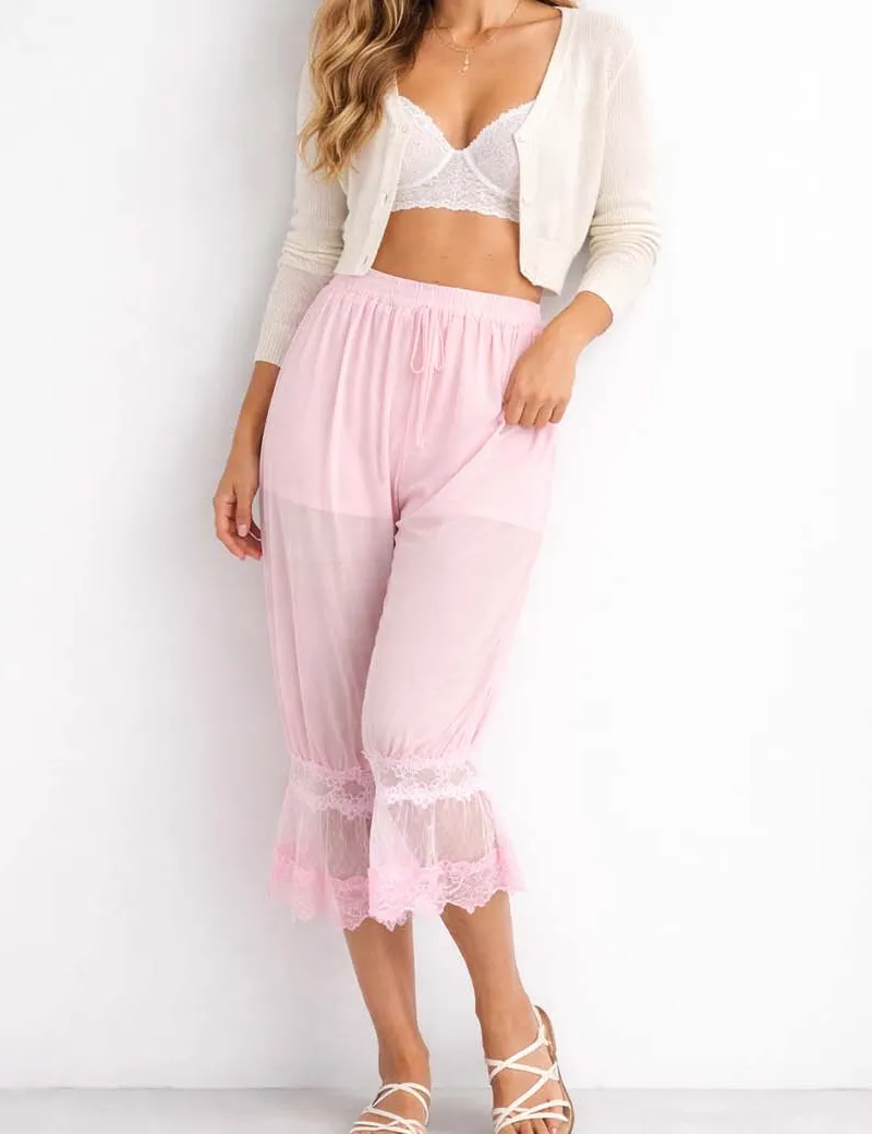 Sheer Lace Trim Bloomer Drawstring Waist Capri Pants