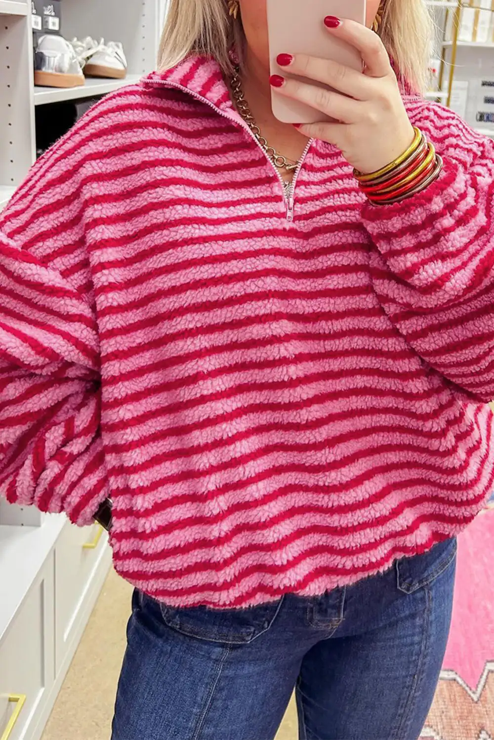 Relaxed Striped Fleece Zip Detail Quarter Zip Sweatshirt