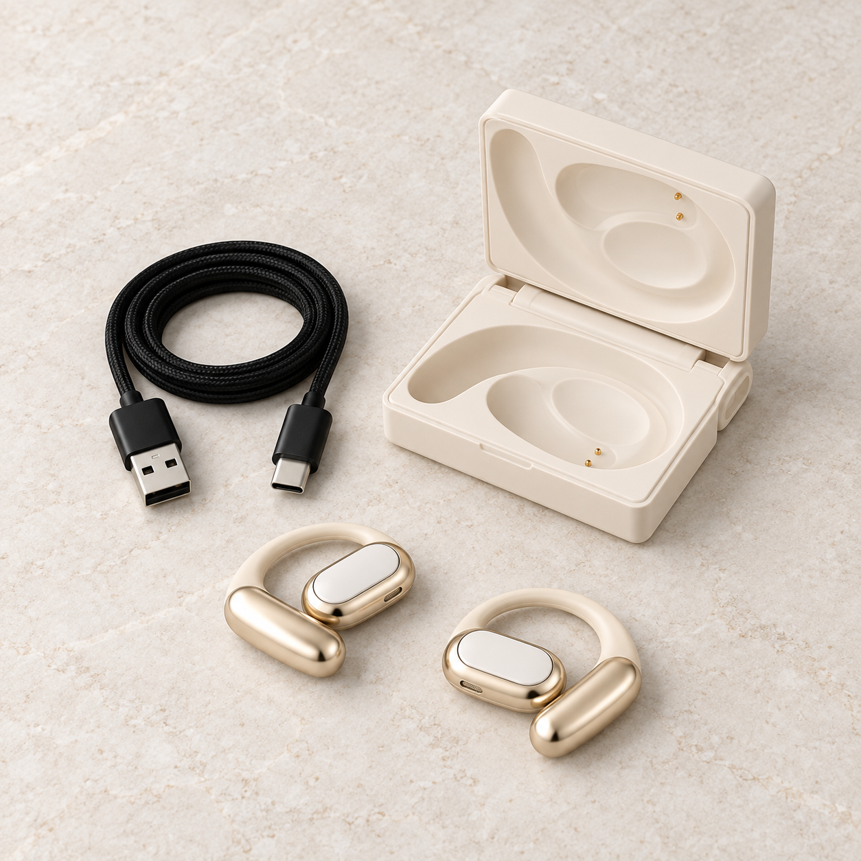 White earbuds, open charging case and USB charging cable