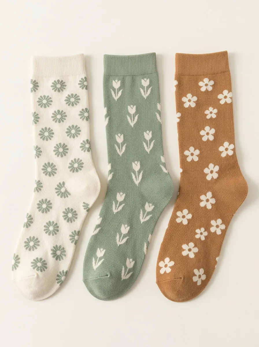 Patterned Daisy Tulip Floral Three Pair Sock Set