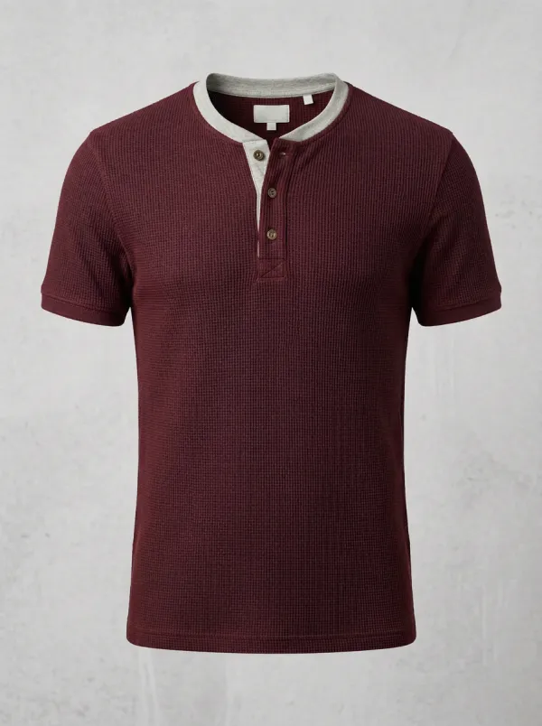 Waffle-Knit Button-Placket Ribbed Men's Short-Sleeve Henley Shirt