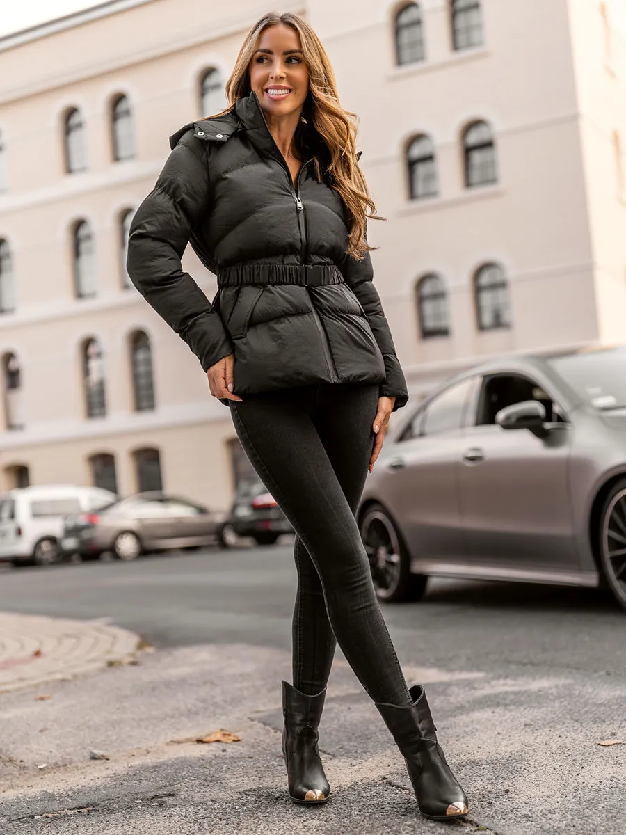 women's black quilted winter jacket with hood
