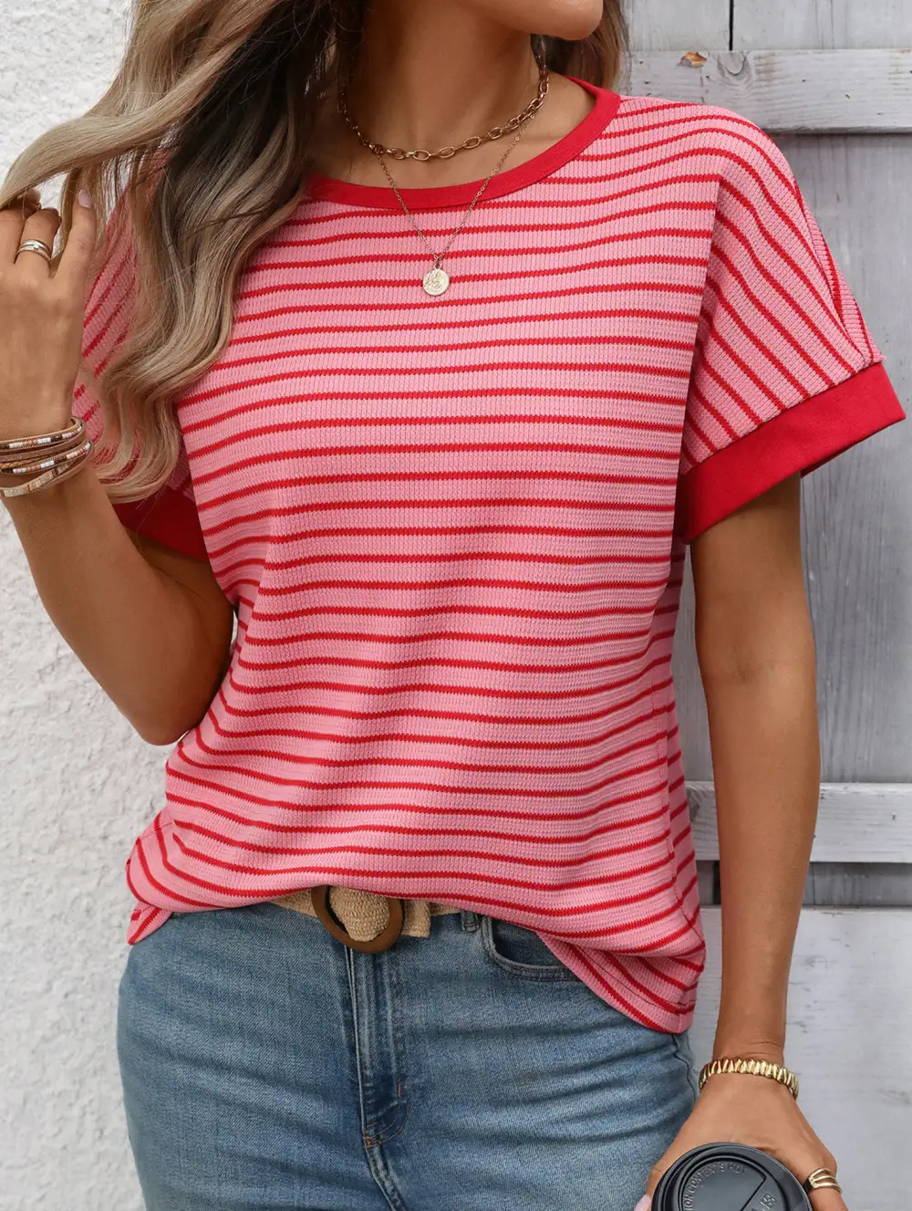 Crew Neck Patchwork Short Sleeve Tee