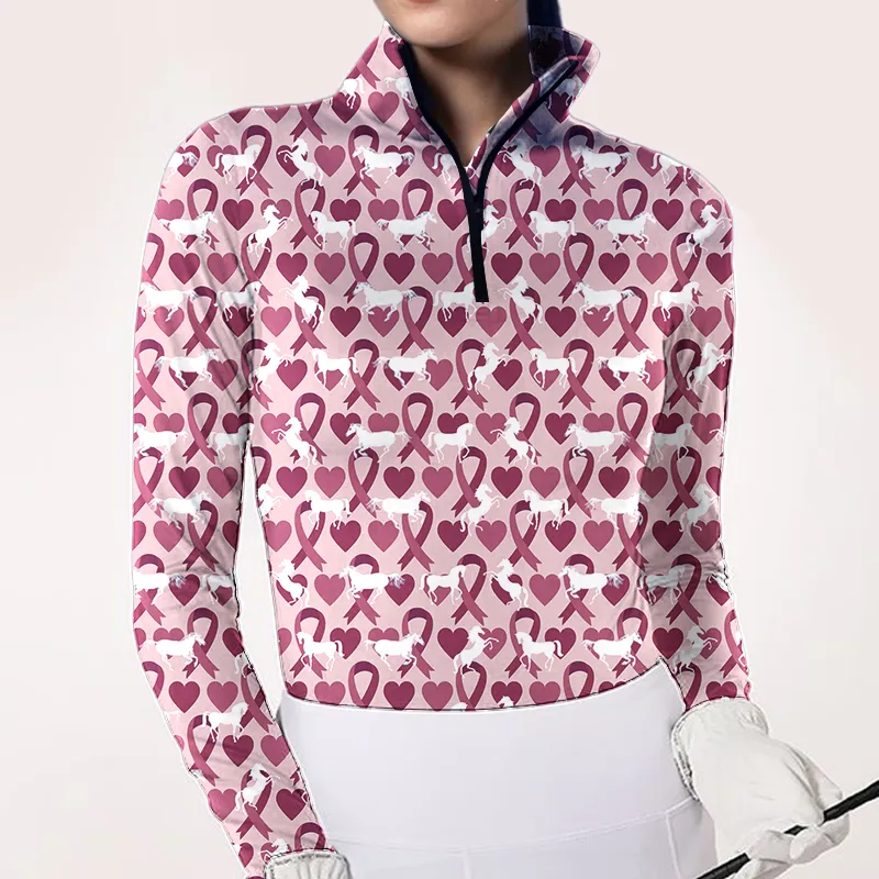 Women's Riding Style Pink Ribbon Horse Print Long Sleeve Casual Shirt
