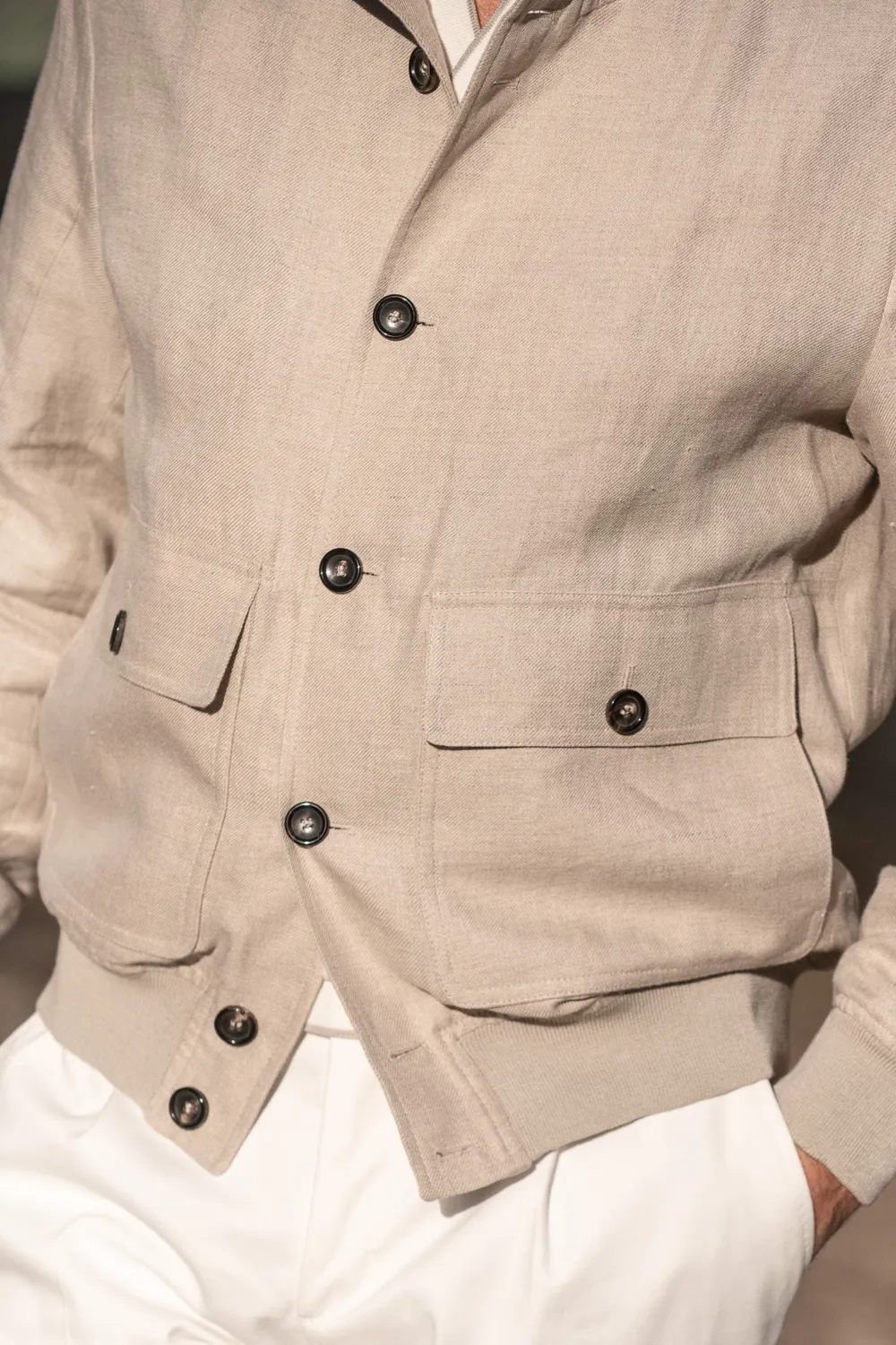 Beige Linen Bomber Jacket