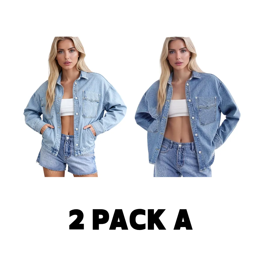 Women's Plain Button Front Drop Shoulder Curved Hem Denim Jacket