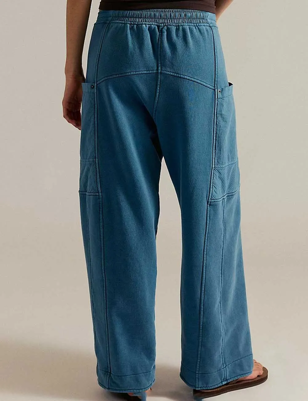 Elastic Waist Drawstring Pocket Straight Leg Denim Pants