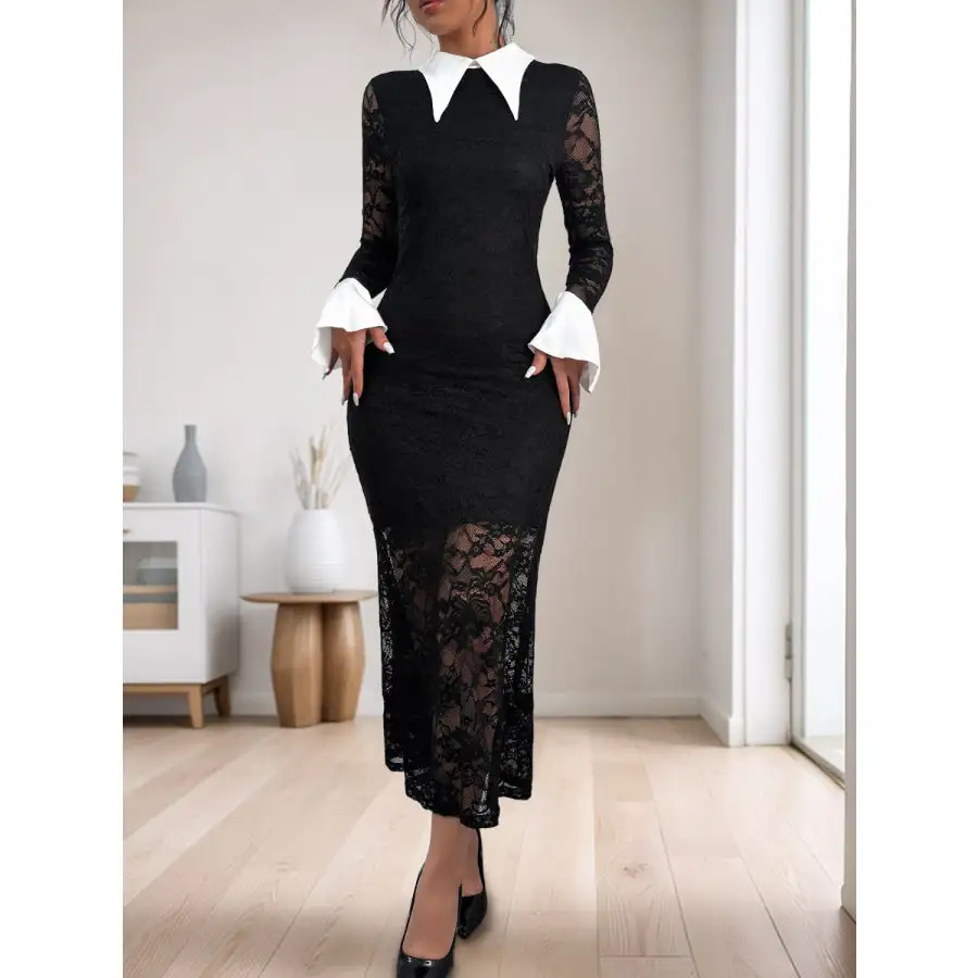 Lace Contrast Collared Neck Long Sleeve Midi Dress