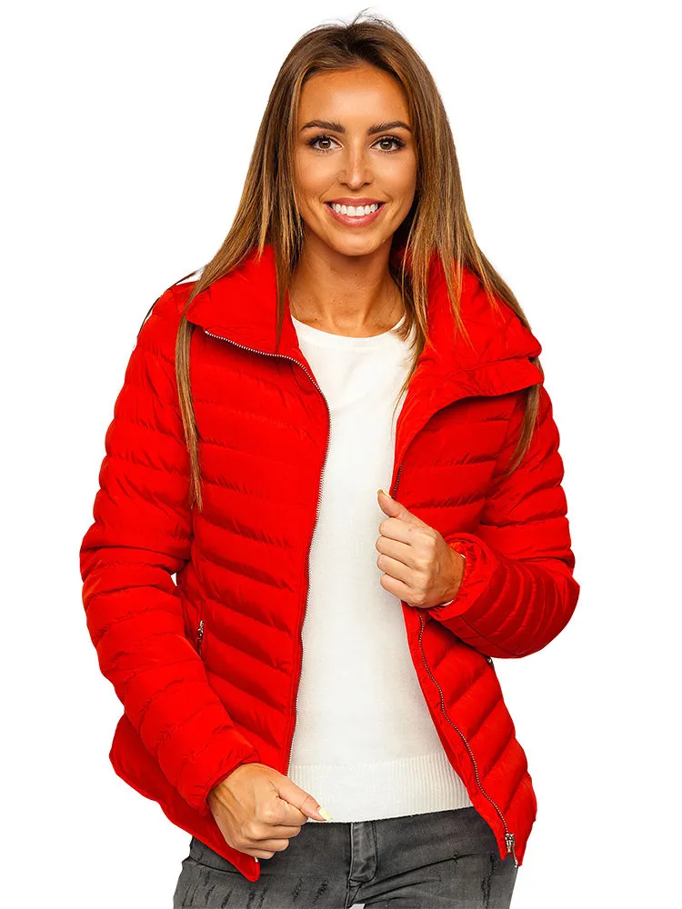 women's red quilted winter jacket without hood