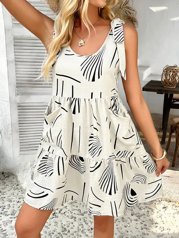 A Line Relaxed Contrast Color Pleated Pocket Printed Tied Spaghetti Neck