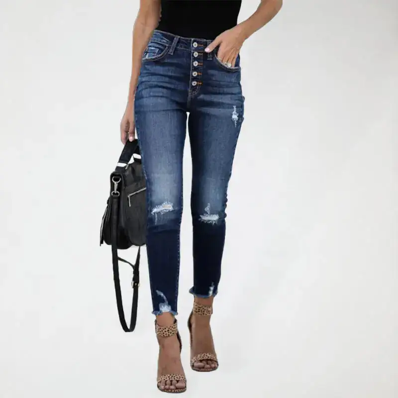 High Waist Ripped Elastic Denim Jeans