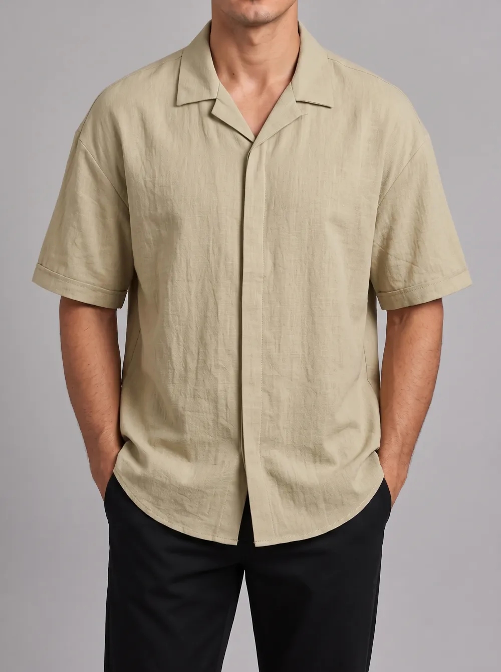 Men's Casual Minimalist Beige Cuban Collar Short Sleeve Shirt