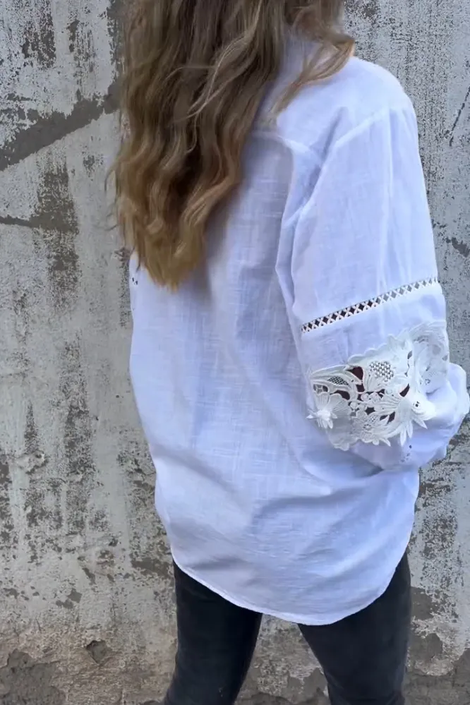 5PACK-Women'S Lace Stitching Cotton And Linen Shirt