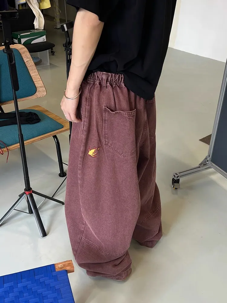 Flame Embroidery Relaxed Fit Denim Jeans