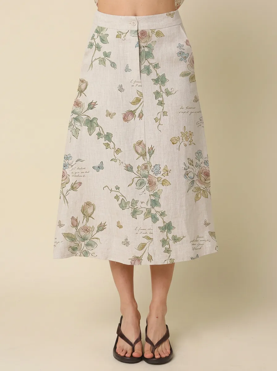 Women's A-Line Vintage Floral Butterfly Botanical Printed Midi Skirt