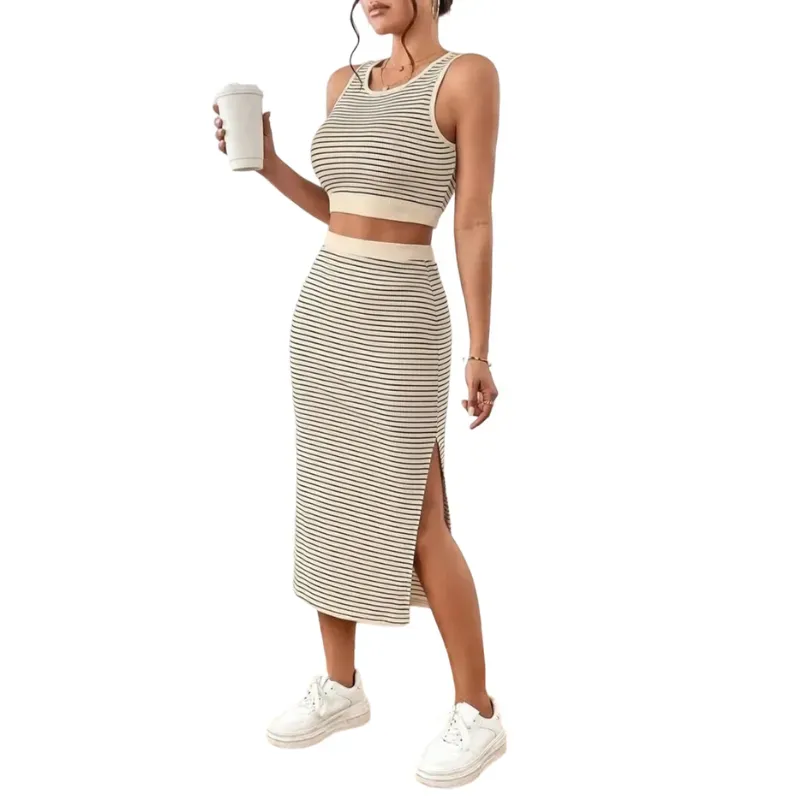 Women's Striped Print Crop Top & Skirt Two-Piece Set
