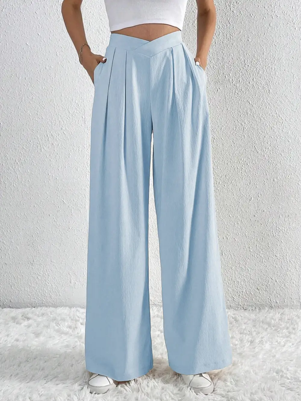 V Waisted Ruched Front Wide Leg Pants