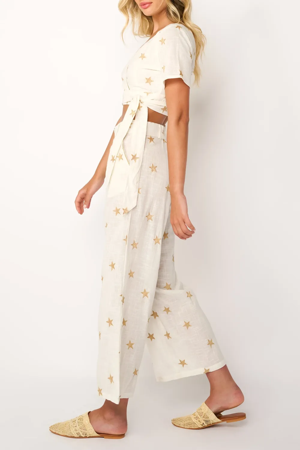 White Star Embroidered Wide Leg Pants