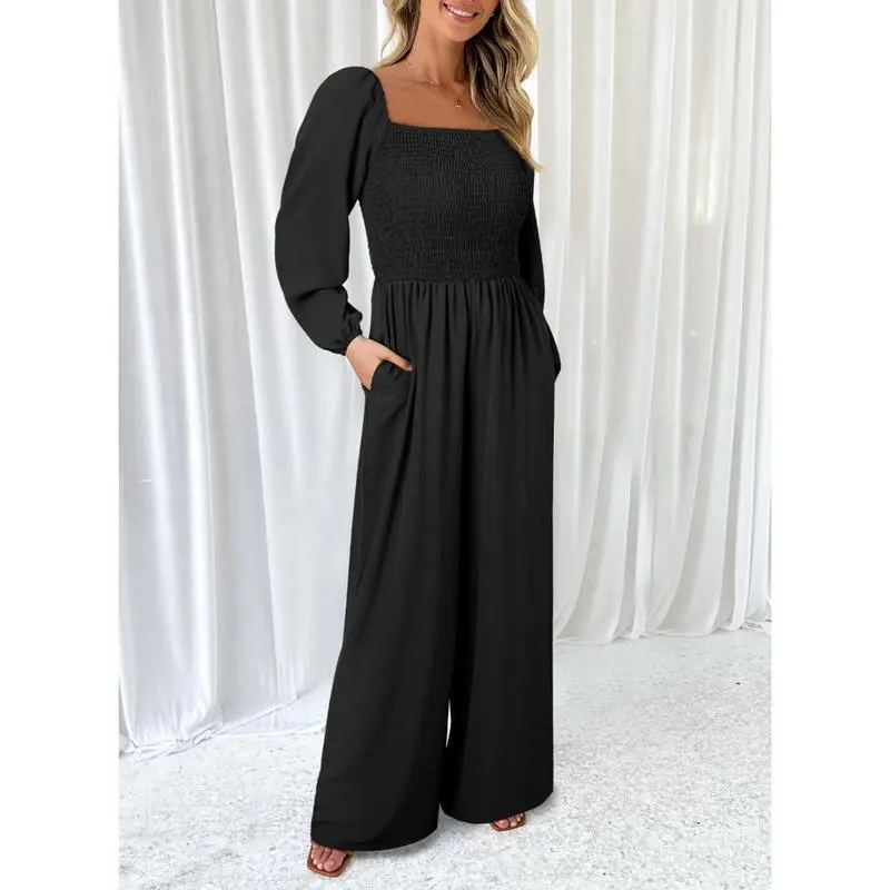 Women's Wide Leg Jumpsuit - Long Sleeve Loose Fit Overalls with Pockets