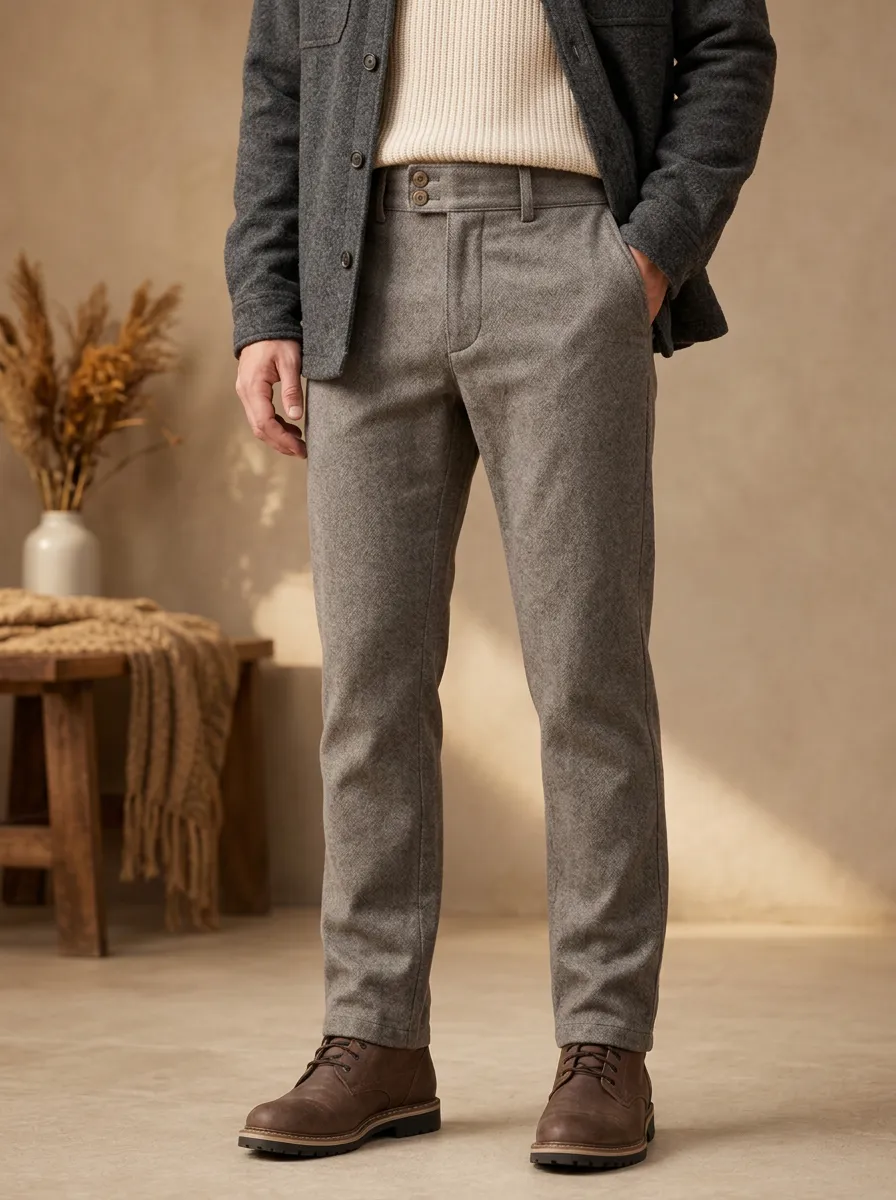 Men's Wool Blend Herringbone Button Fly Pants for Autumn Winter