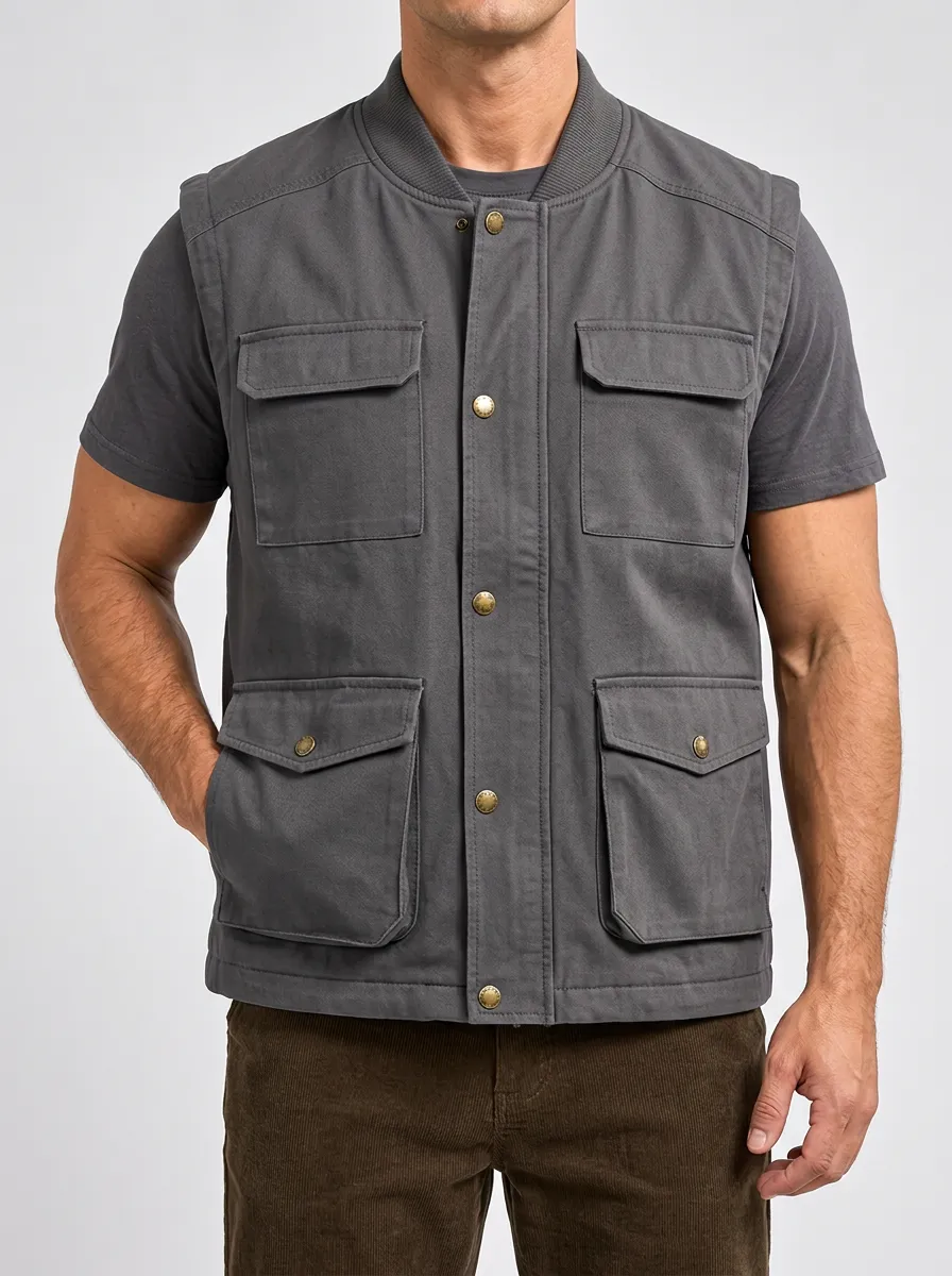 Cotton Multi-Pocket Men's Sleeveless Utility Jacket