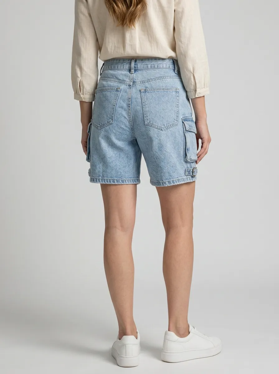 Women's High-Waisted Cargo Pocket Washed Denim Shorts