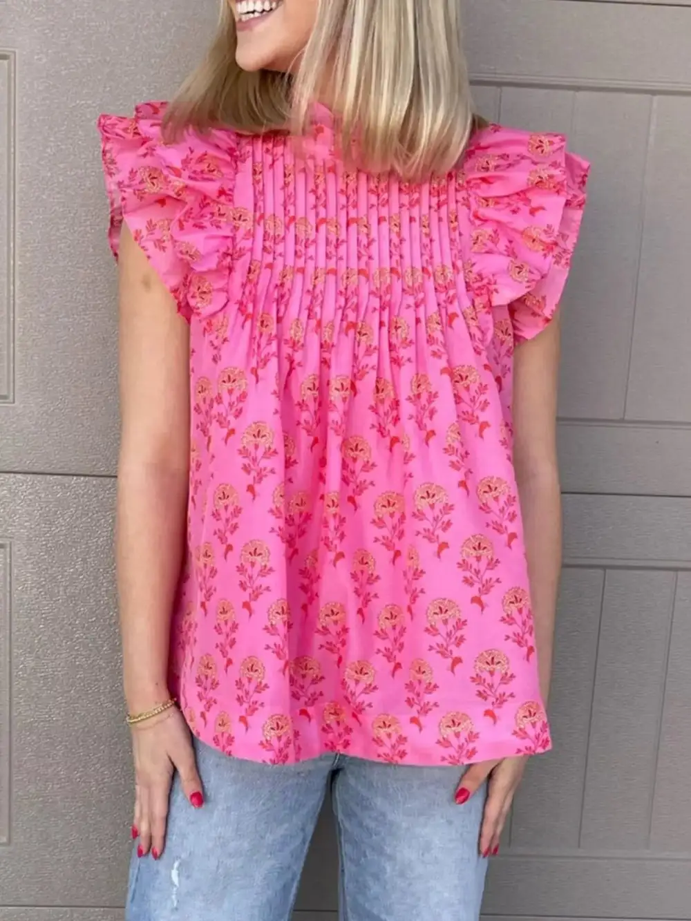 Floral Print Pleated Ruffled Flutter Sleeve Blouse