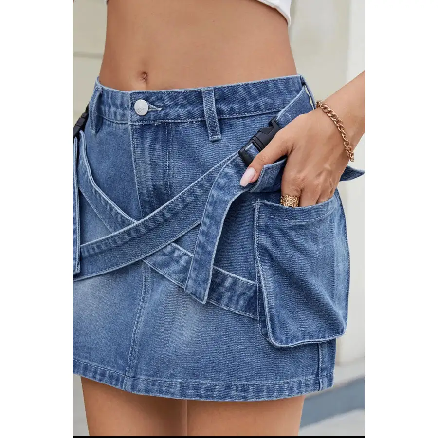 Criss-cross Waist Detail Denim Mini Skirt