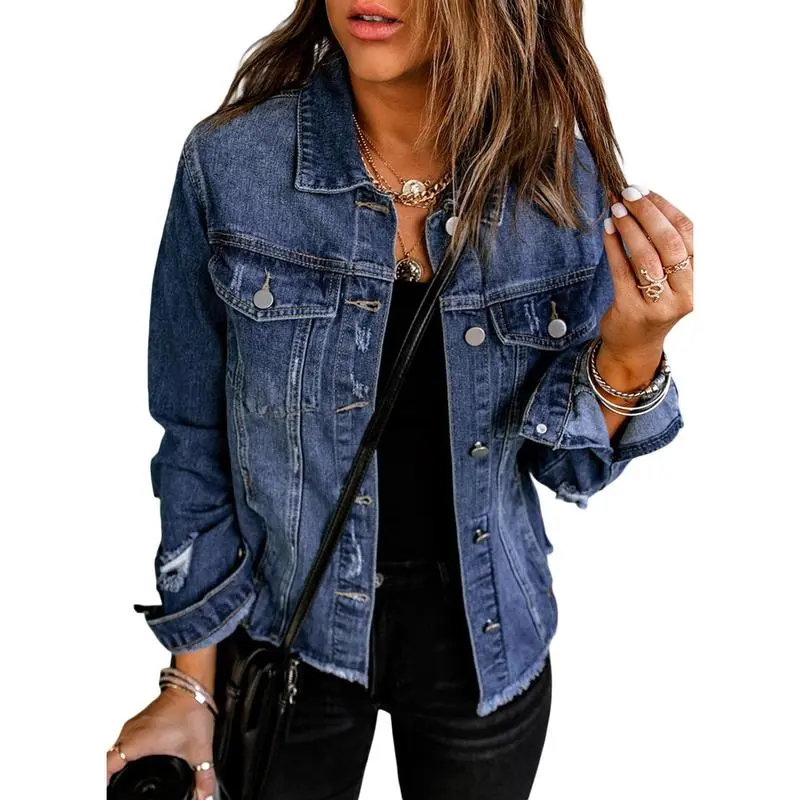Women's Jean Jackets Casual Non Stretch Boyfriend Washed Coats Distressed Ripped Lapel Long Sleeve Denim Outwear Tops 2025 Womenswear Fall Winter Outfits Fitted Basic