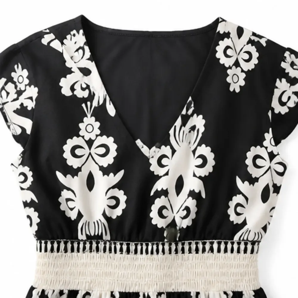 V Neck Printed Damask Midi Dress