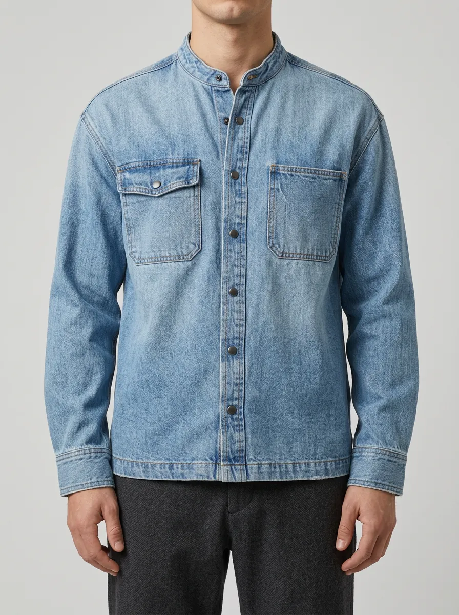 Washed Mandarin Collar Denim Shirt with Front-Opening Closure