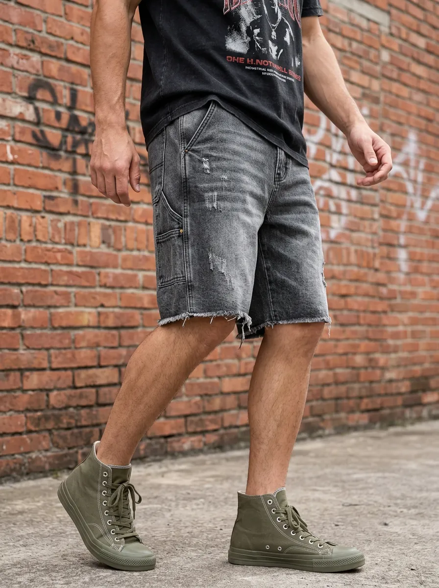 Men's Raw Hem Denim Shorts Featuring Five Pocket and Washed Styling