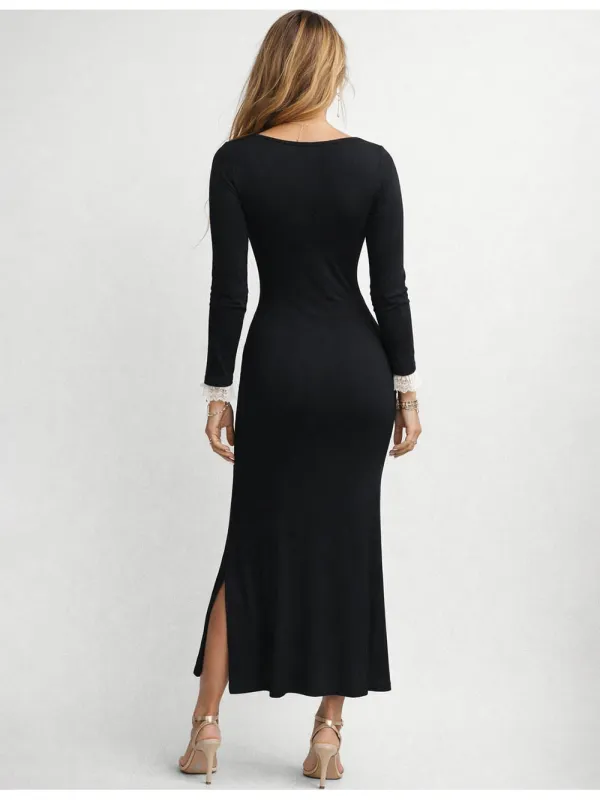 Lace Neck Long Sleeves Bow Midi Dress