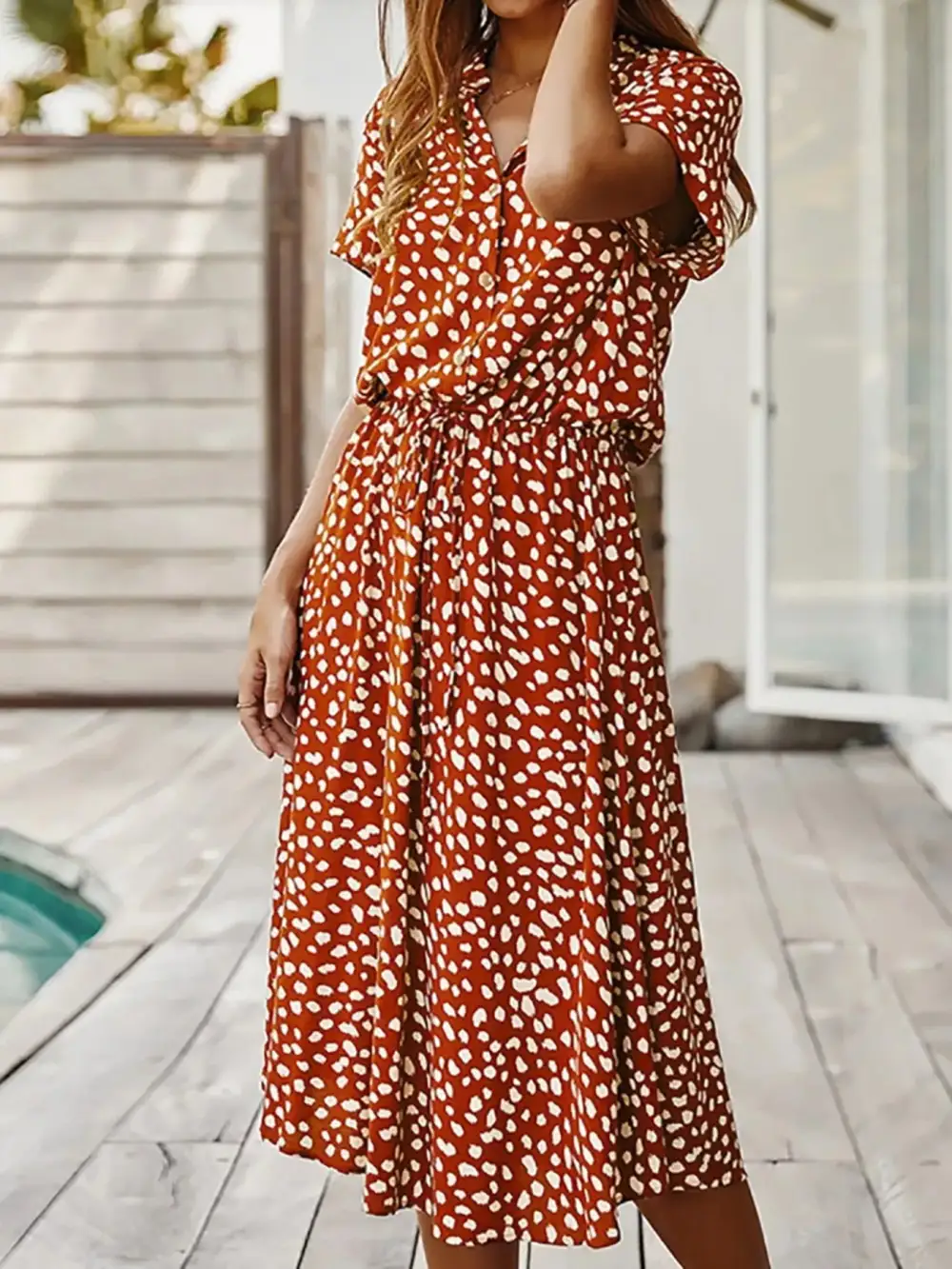 Polka Dot Button Front Midi Dress