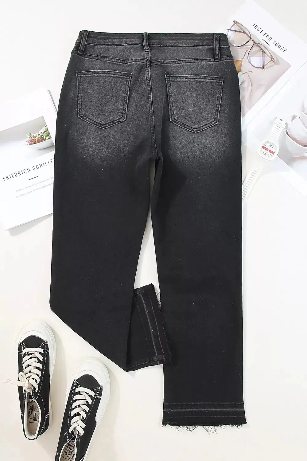 High Waist Straight Leg Distressed Denim Jeans