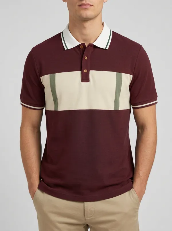 Men's Refined Knit Ribbed Textured Striped Colorblock Polo Shirt