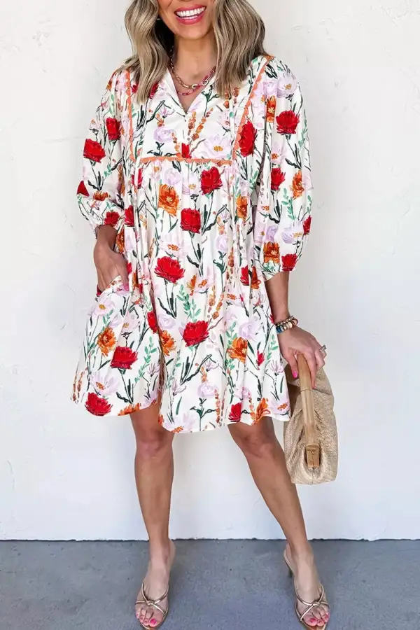 Floral Print Three-Quarter Puff Sleeve Ricrac Trim Mini Dress