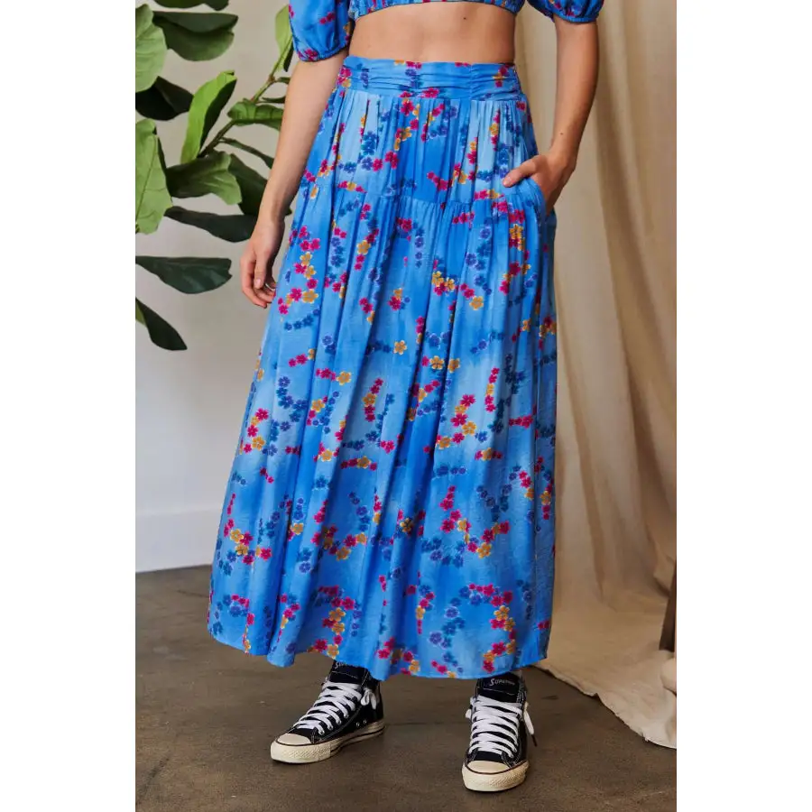 Davi and Dani Printed Smocking Waistband Ruffled Maxi Skirt