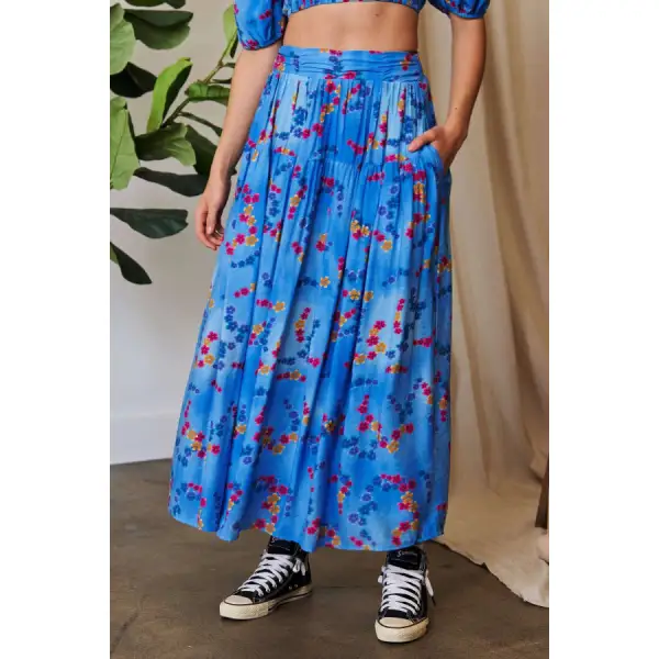 Davi and Dani Printed Smocking Waistband Ruffled Maxi Skirt