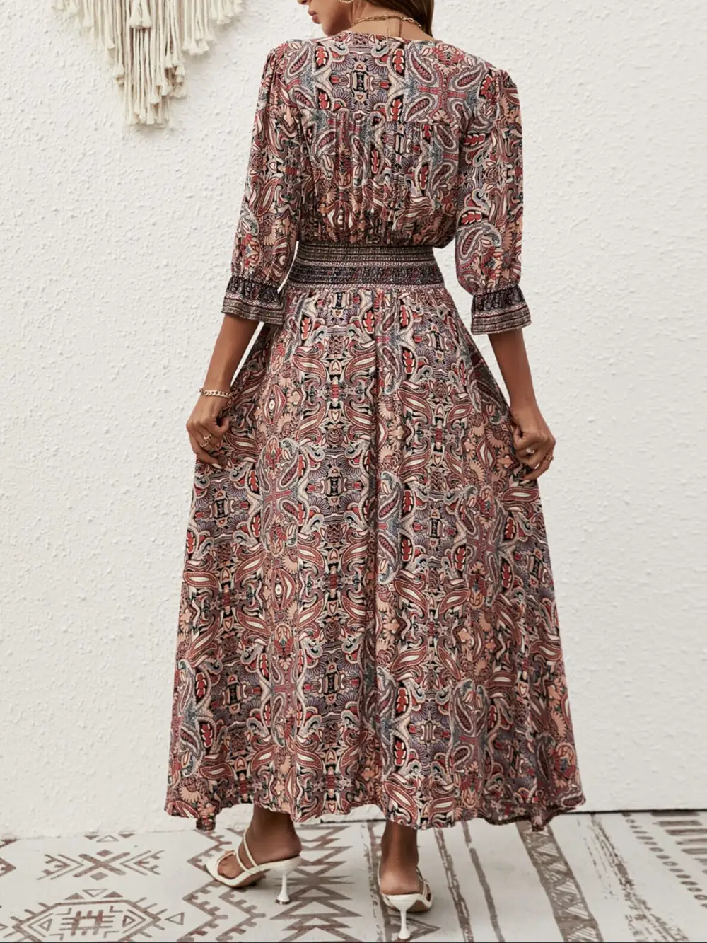 Paisley Print Slit Short Sleeve Midi Dress