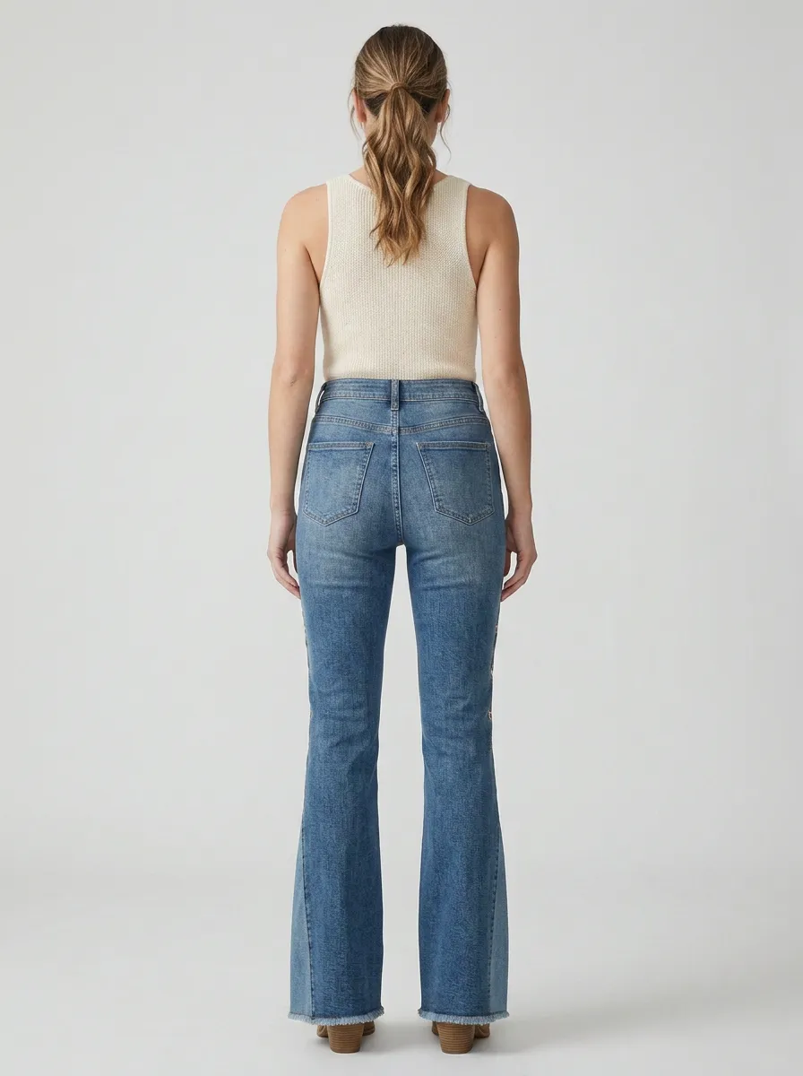 Women's Modern Floral Embroidered Stitch Detail High Rise Flare Jeans
