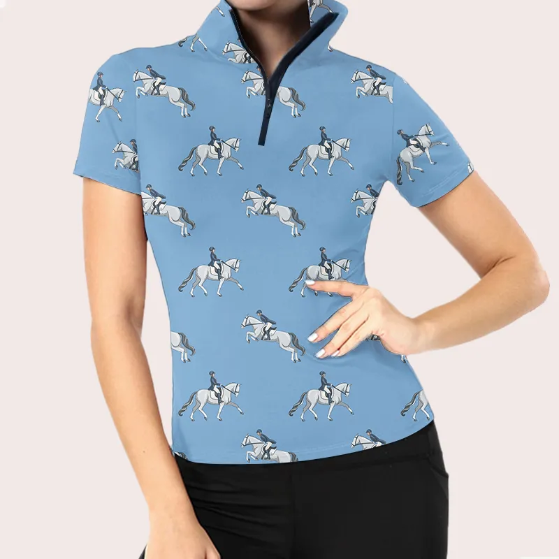 Women's Riding Style Horse Rider Print Short Sleeve Casual Shirt